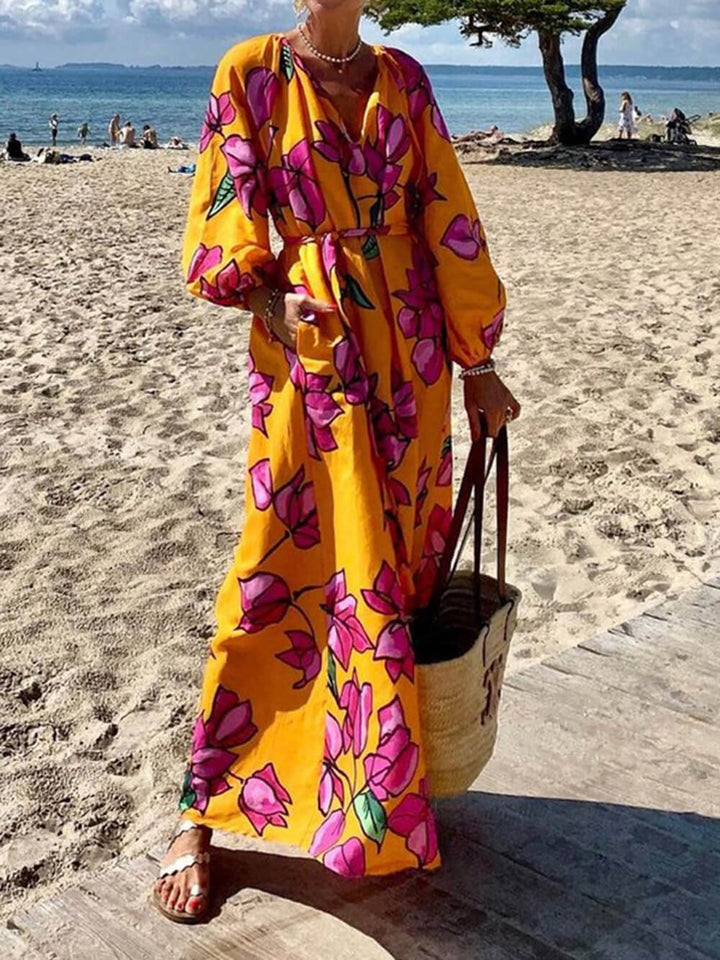 Modisch bedruckte Urlaubs-Strandkleider mit V-Ausschnitt