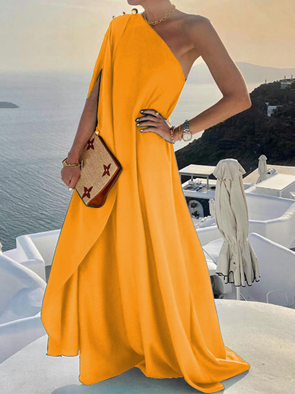 세련된 솔리드 컬러 루즈 원 숄더 맥시 드레스