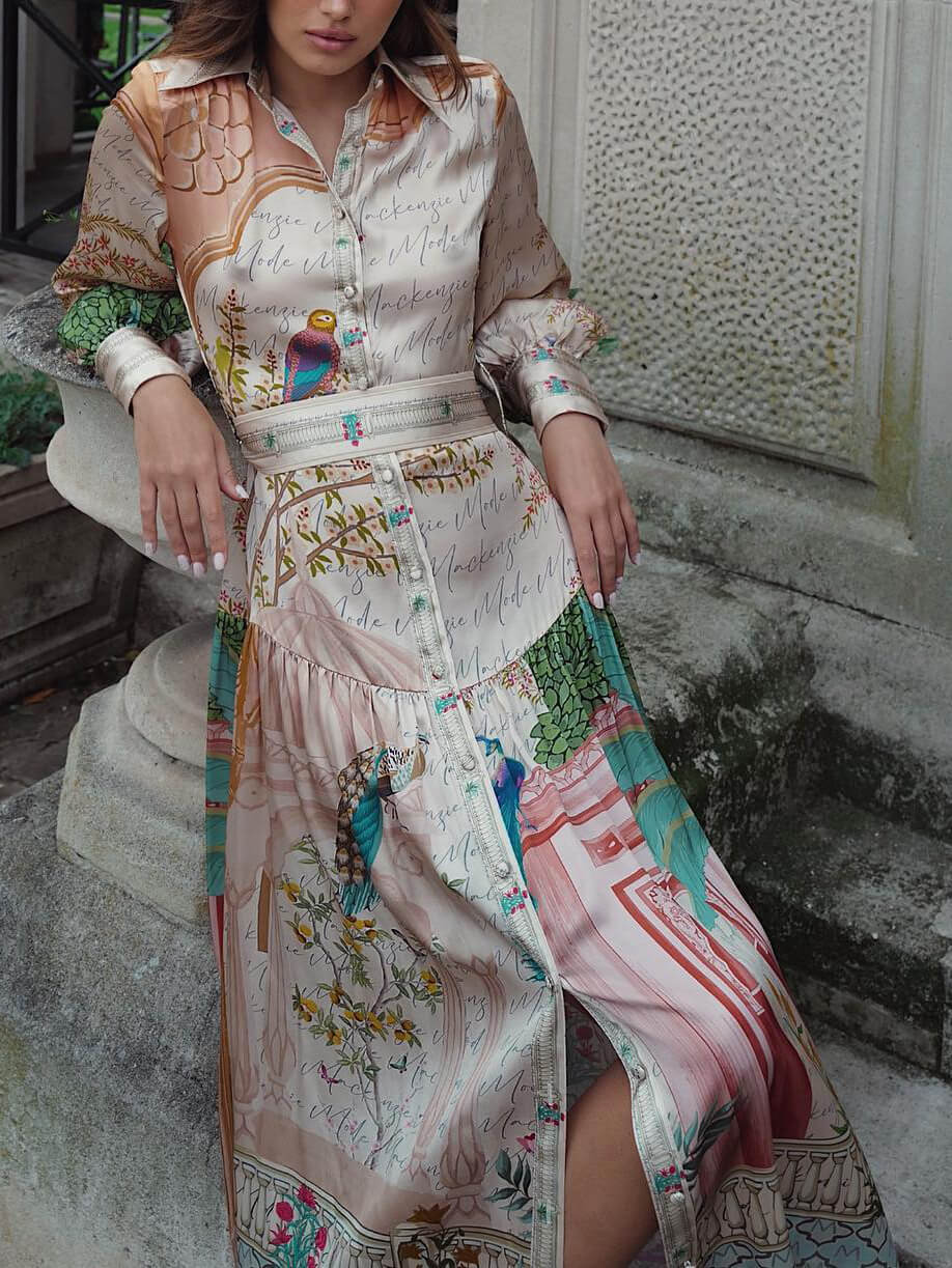 절묘한 새틴 프린트 궁전 스타일 랜턴 슬리브 미디 드레스