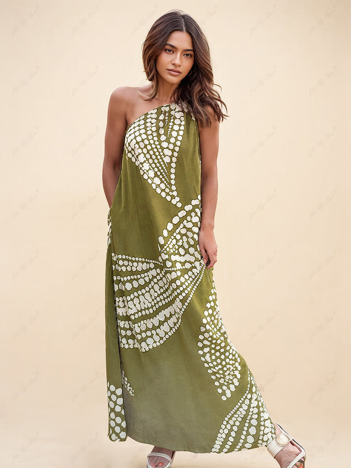 독특한 폴카 도트 프린트 원 숄더 포켓 맥시 드레스