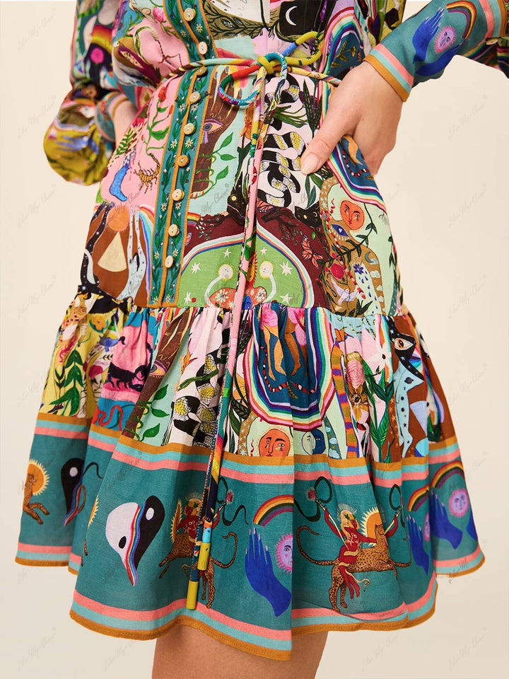 캐주얼 그래피티 에버그린 프린팅 미니 드레스