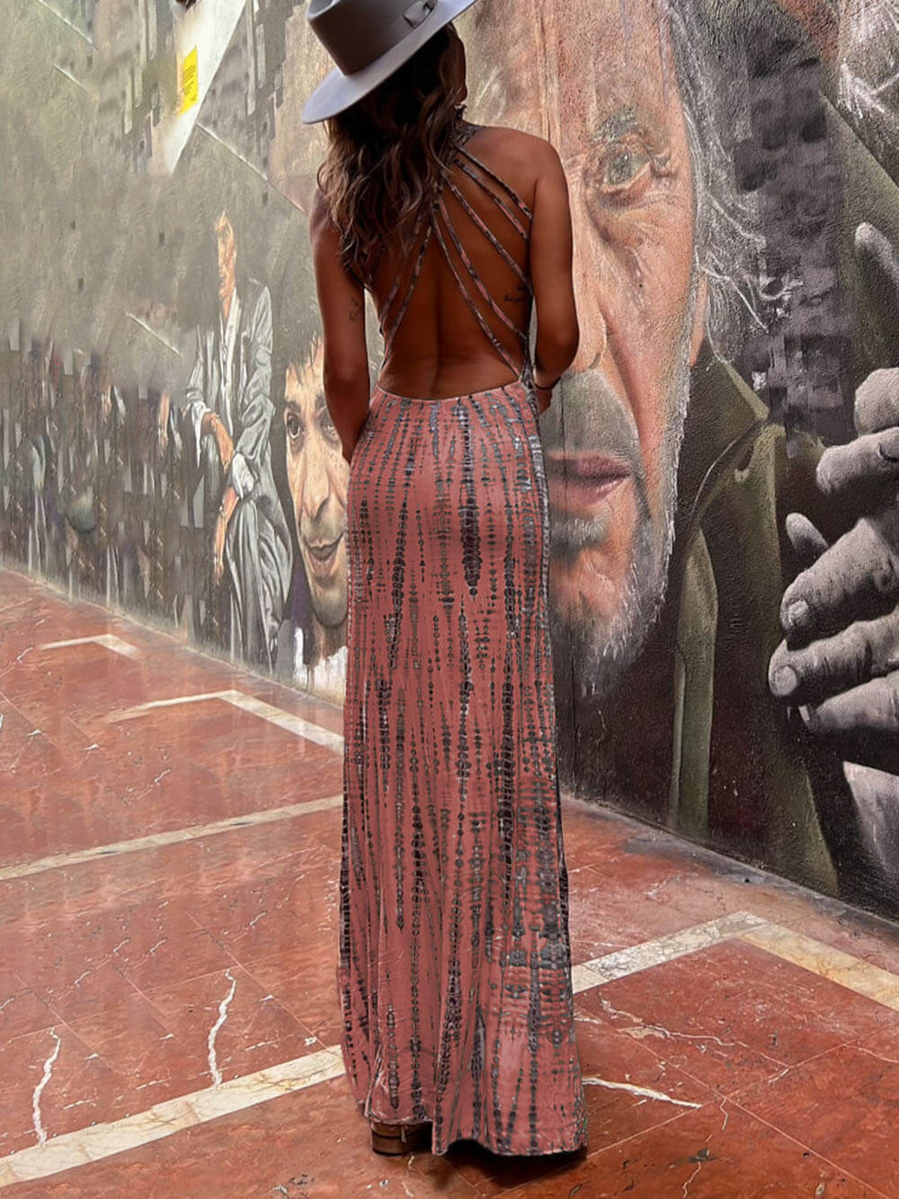 Tie-Dye Print Back Lace-up Stretch Maxi Kleed