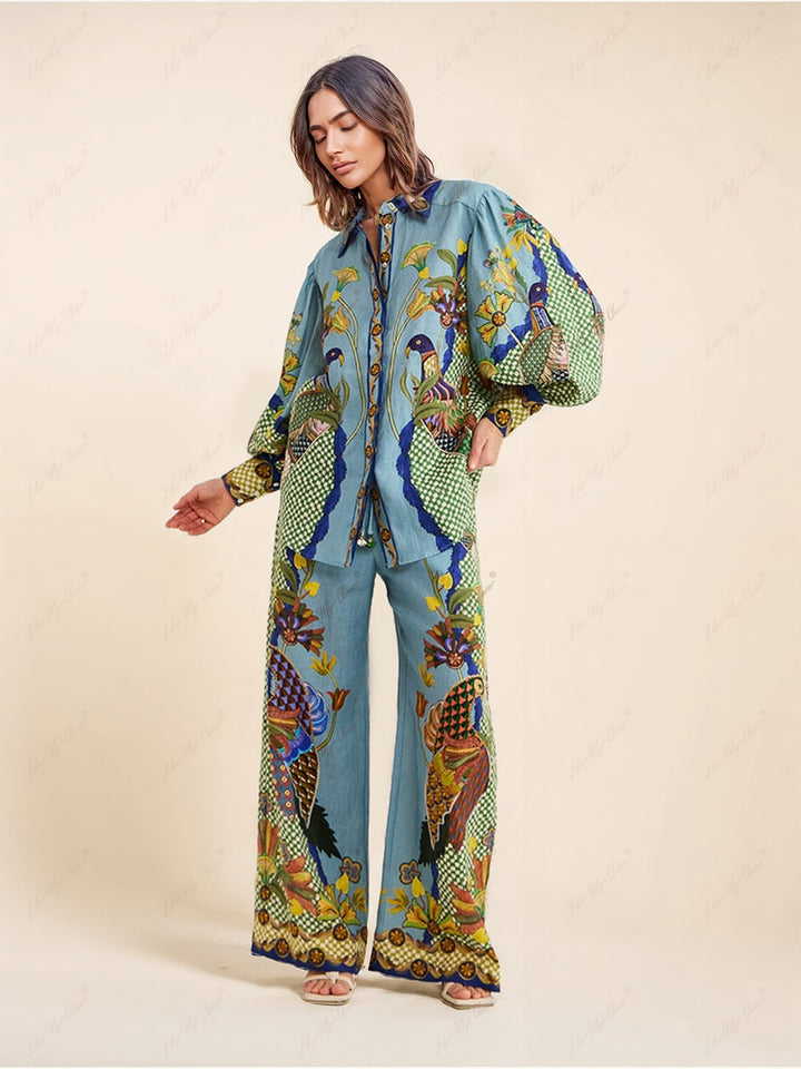Unique Holiday Printed Puff Sleeve Casual Lanyard Suit
