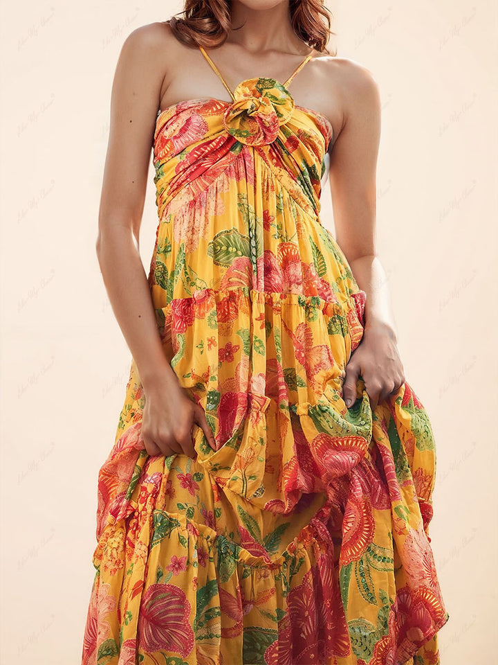 Hanging Neck Printed Floral Design Backless Straight Maxi Dress