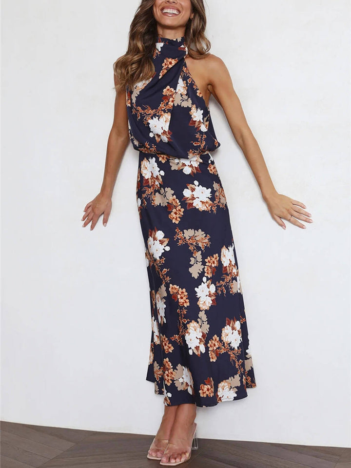 Maxi-jurk met bloemenhalterhals en elastische taille