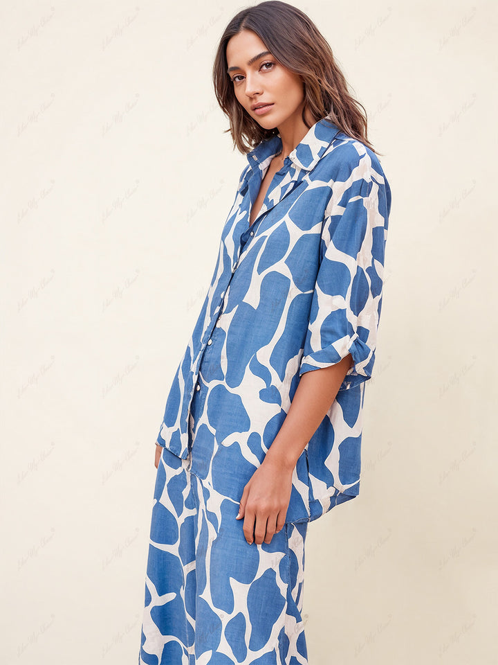 Striped Pattern Blue And White Printed Loose Shirt