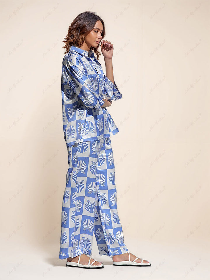 Special Satin Shell Print Wide Leg Pants