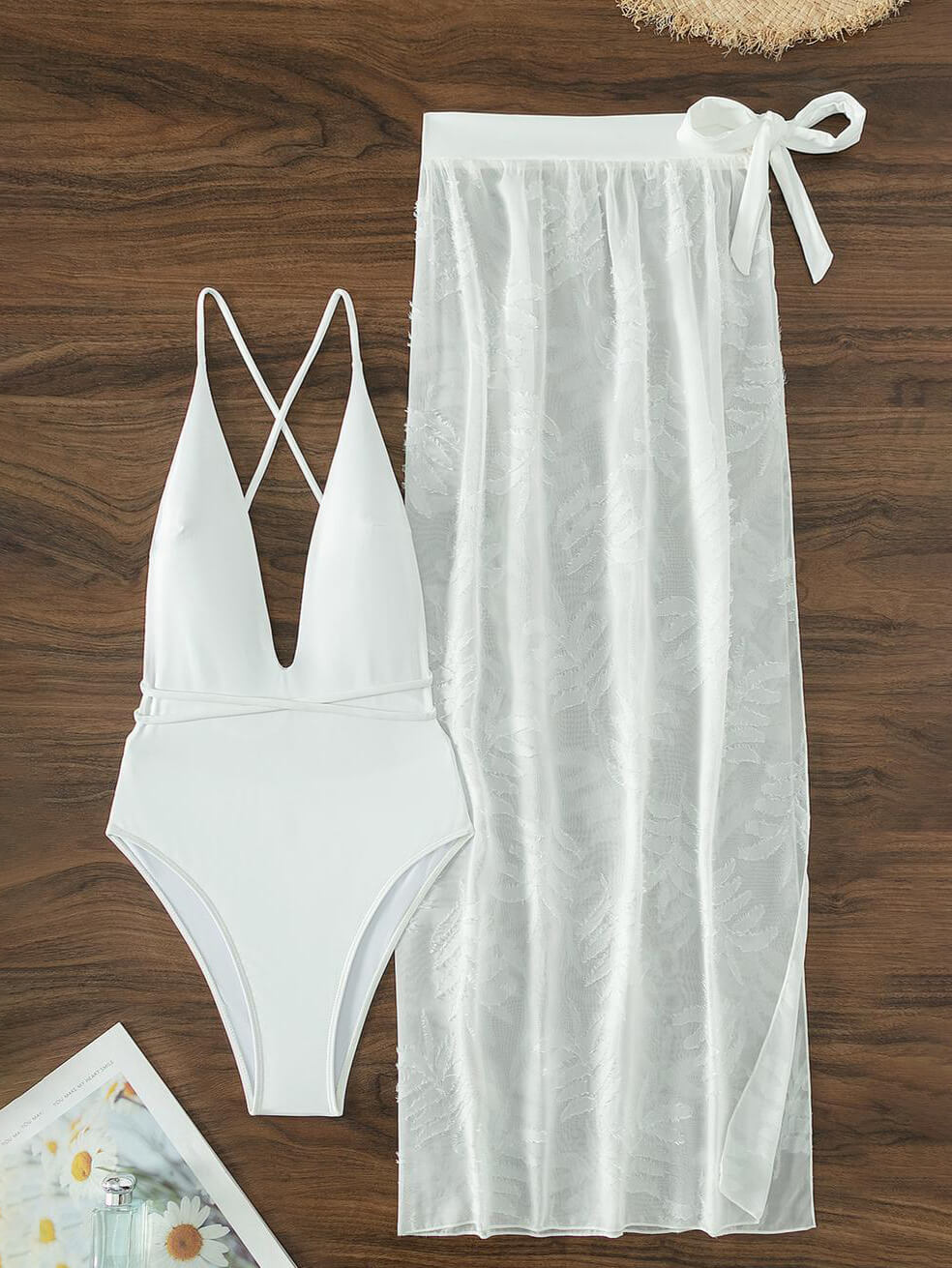 قطعة واحدة بيضاء مثير عارية الذراعين تنورة طويلة ملابس السباحة قطعتين