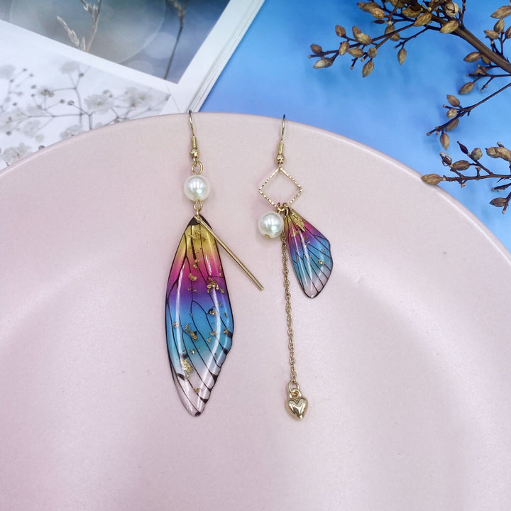 Pendientes de borla de ala de cigarra de lámina de oro arco iris de ala de mariposa