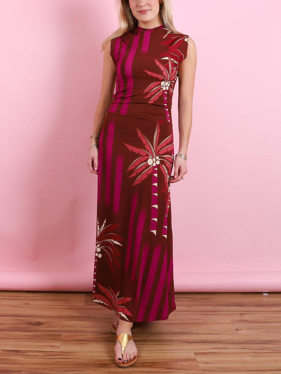 Exquisite Vintage Palm Tree Print Stretch Knit Midi Dress