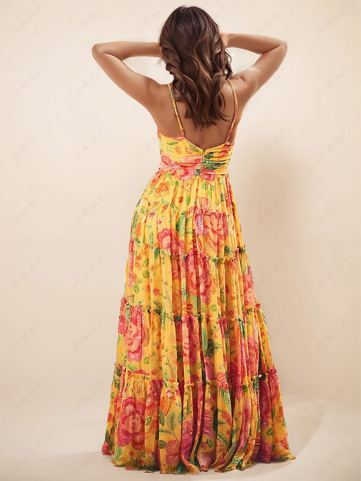 Rechte maxi-jurk met hangende hals en bloemenmotief zonder rug