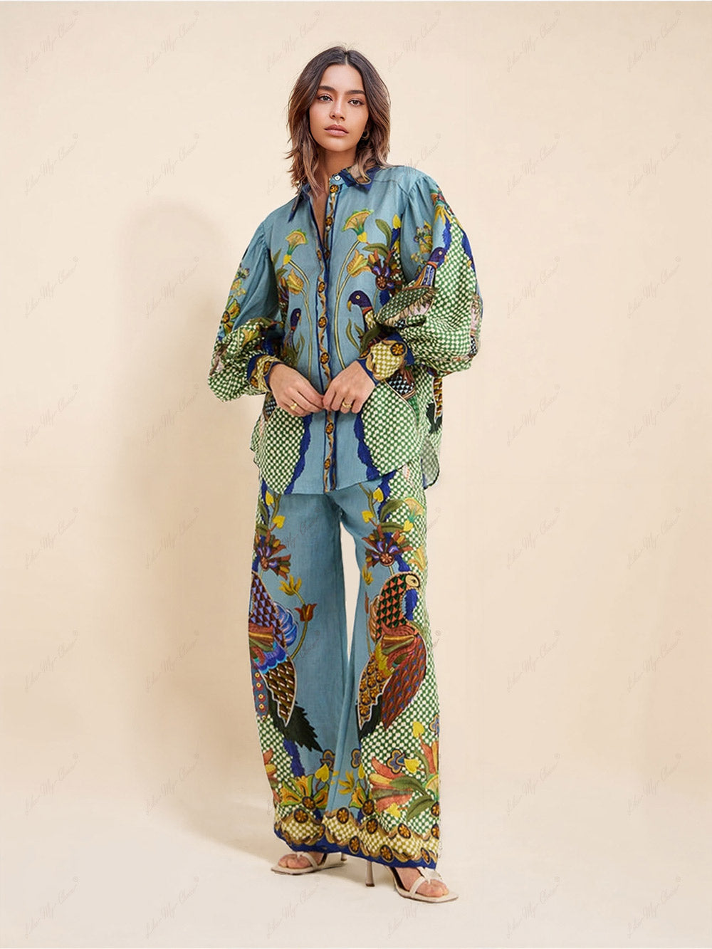 Unique Printed Puff Sleeve Holiday Casual Lanyard Suit