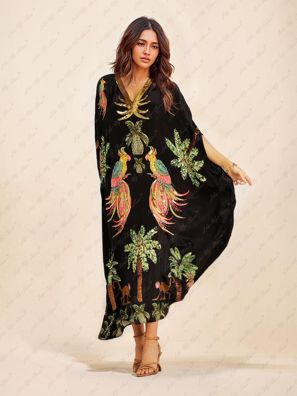 유니크 드롭 숄더 슬리브 코코넛 트리 프린트 드레스