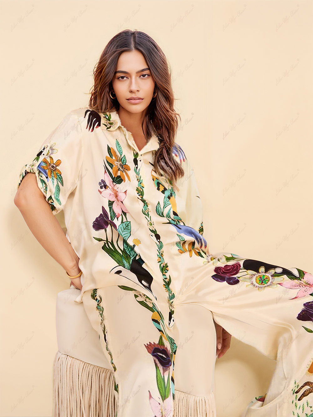 Sophisticated Feel Satin Unique Print Button Down Oversized Blouse