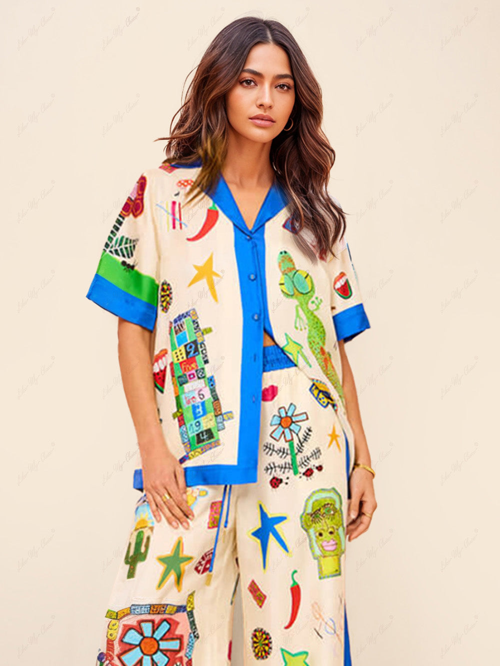 Camisa holgada informal de vacaciones con bloques de color estampado personalizado