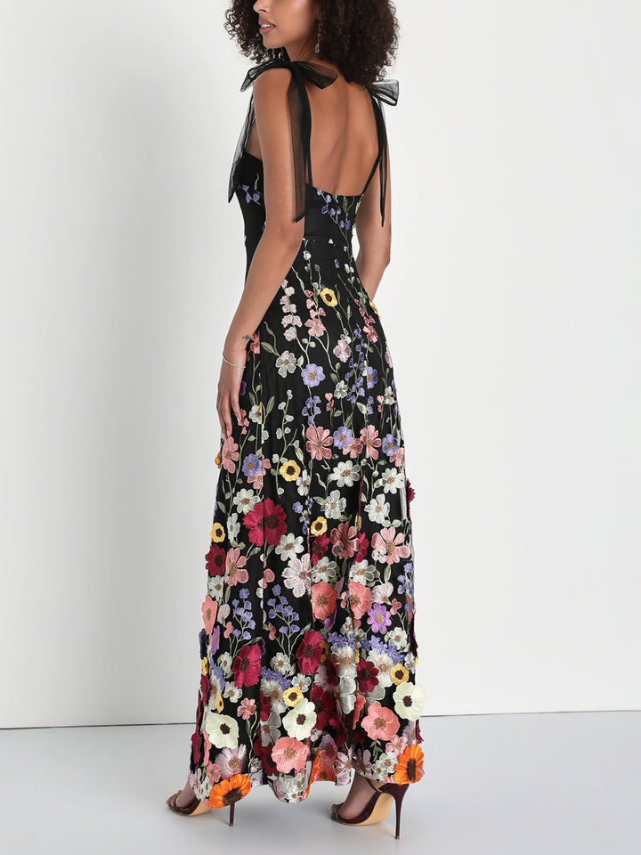 Exquisito vestido largo sexy con flores bordadas tridimensionales