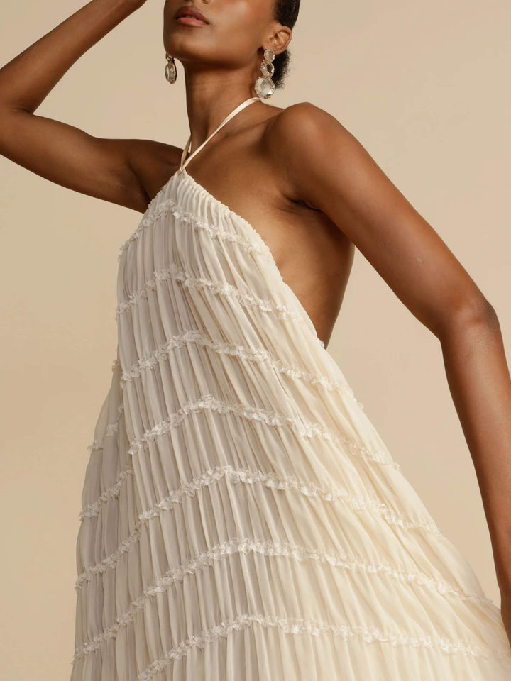 Charmerende plisseret snøre i taljen Tiered Halterneck Midi-kjole