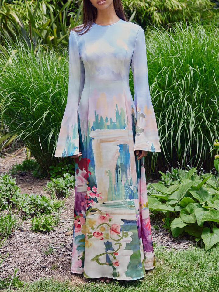 절묘한 새틴 그래피티 프린트 트럼펫 슬리브 ​​맥시 드레스