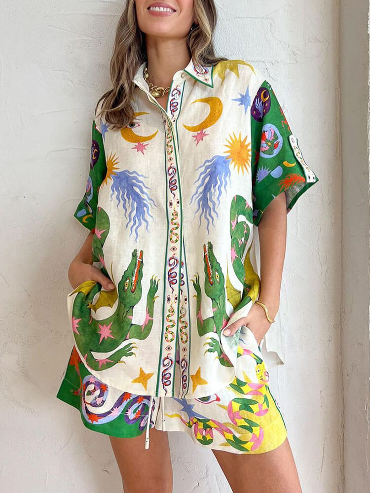 Ainutlaatuinen Holiday Style Print Lyhythihainen neuletakki löysä kaksiosainen puku