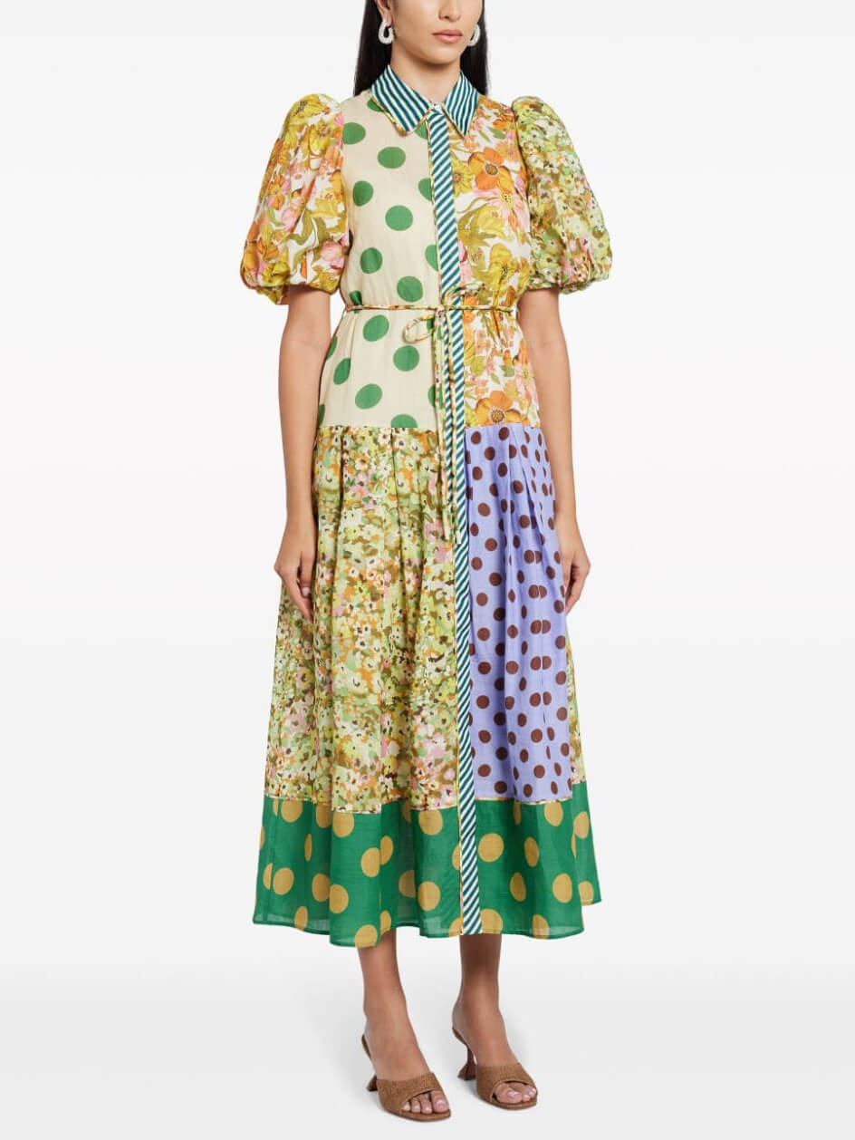 절묘한 복고풍 꽃무늬 퍼프 슬리브 미디 드레스