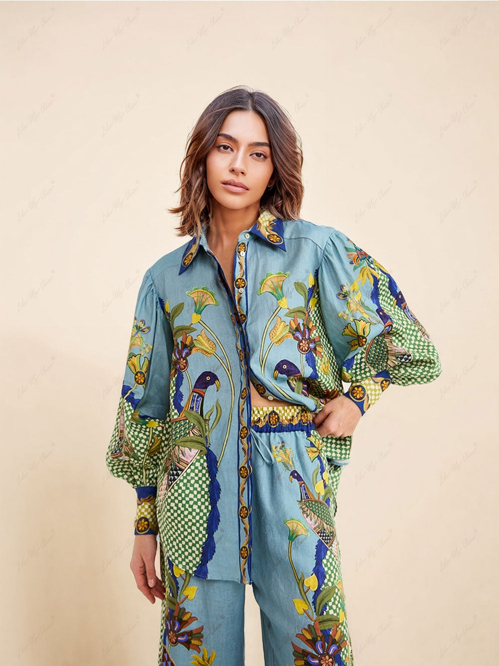 Unique Holiday Printed Puff Sleeve Casual Lanyard Suit