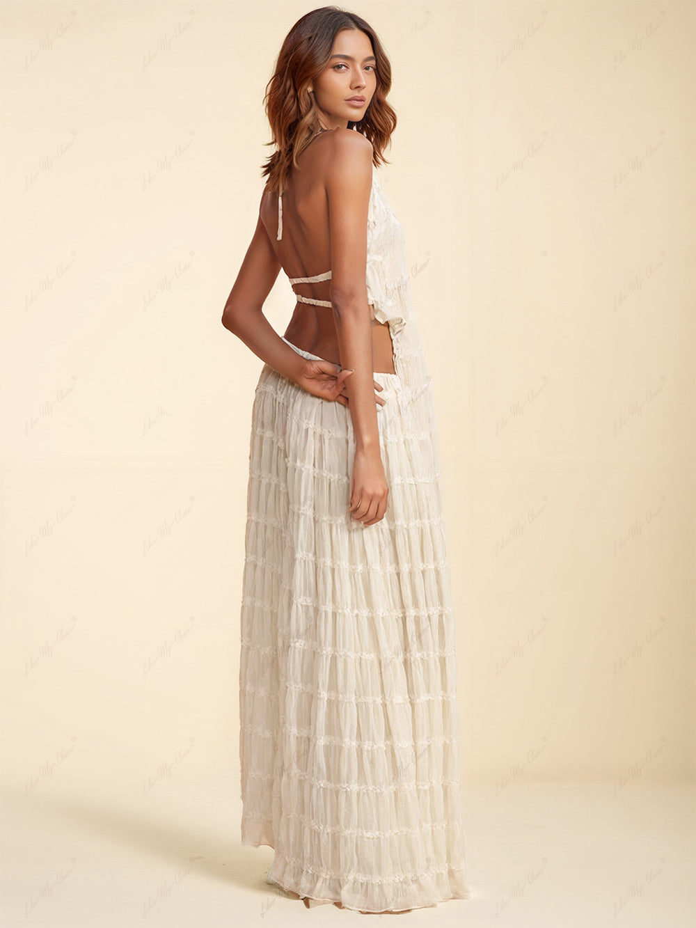 Charme Pleated Drawstring Taille Tiered Maxi Rock