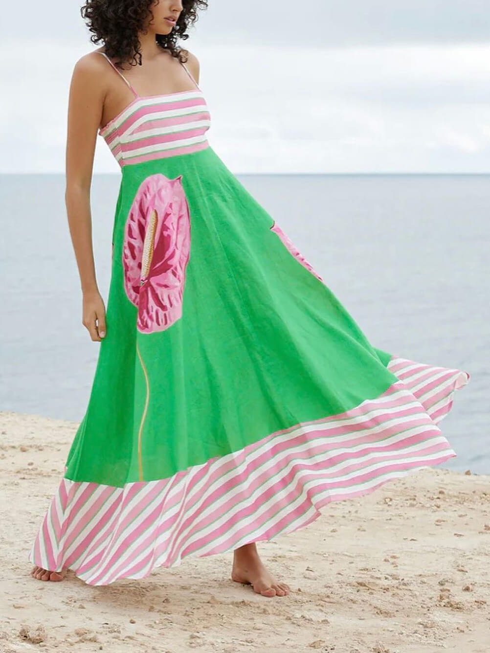 플로럴 프린트 패널 스트라이프 서스펜더 믹시 드레스