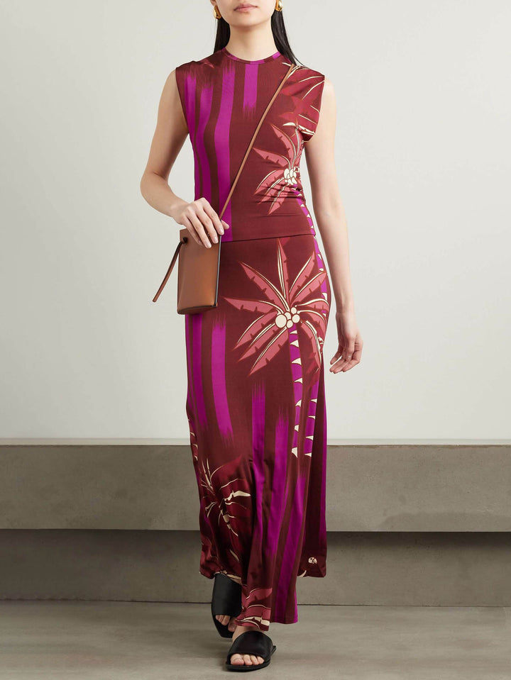 Exquisite Vintage Palm Tree Print Stretch Knit Midi Dress