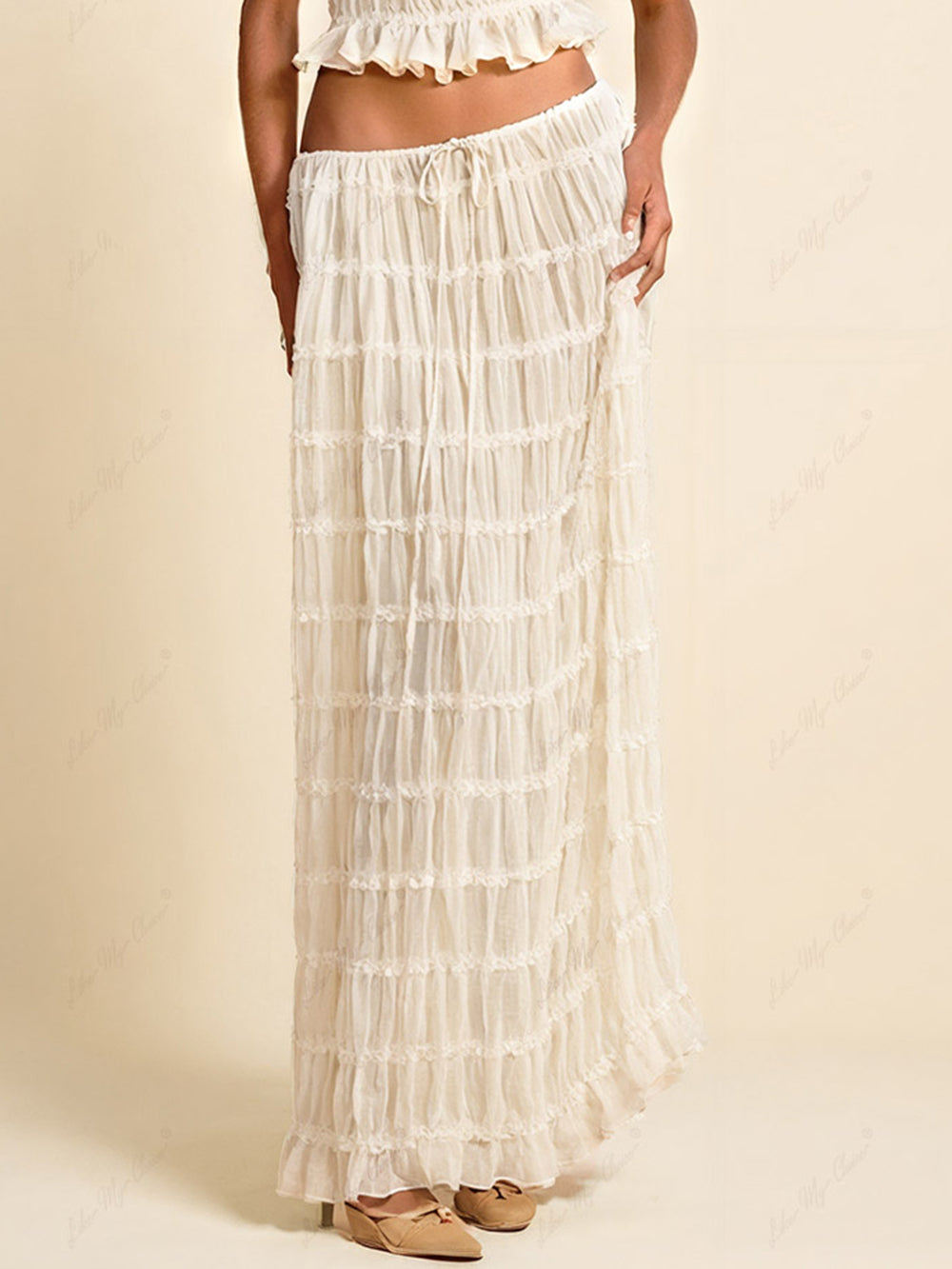 Charme Pleated Drawstring Taille Tiered Maxi Rock