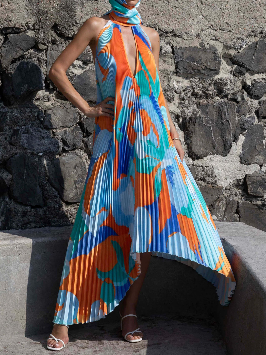 Stilfuld plisseret Halterneck Strappy Rygløs Midi-kjole