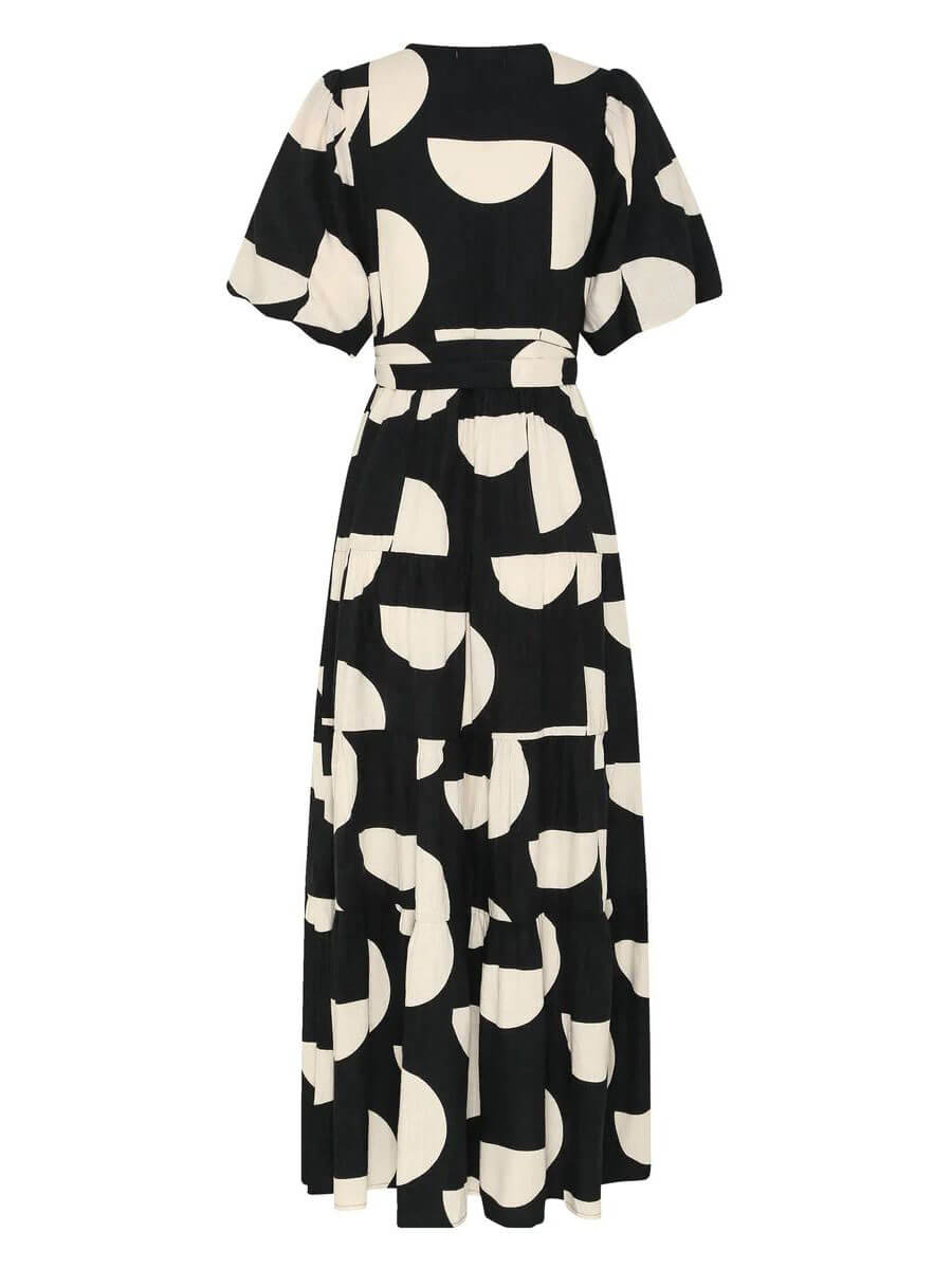 퍼프 슬리브 V-넥 기하학 프린트 미디 드레스