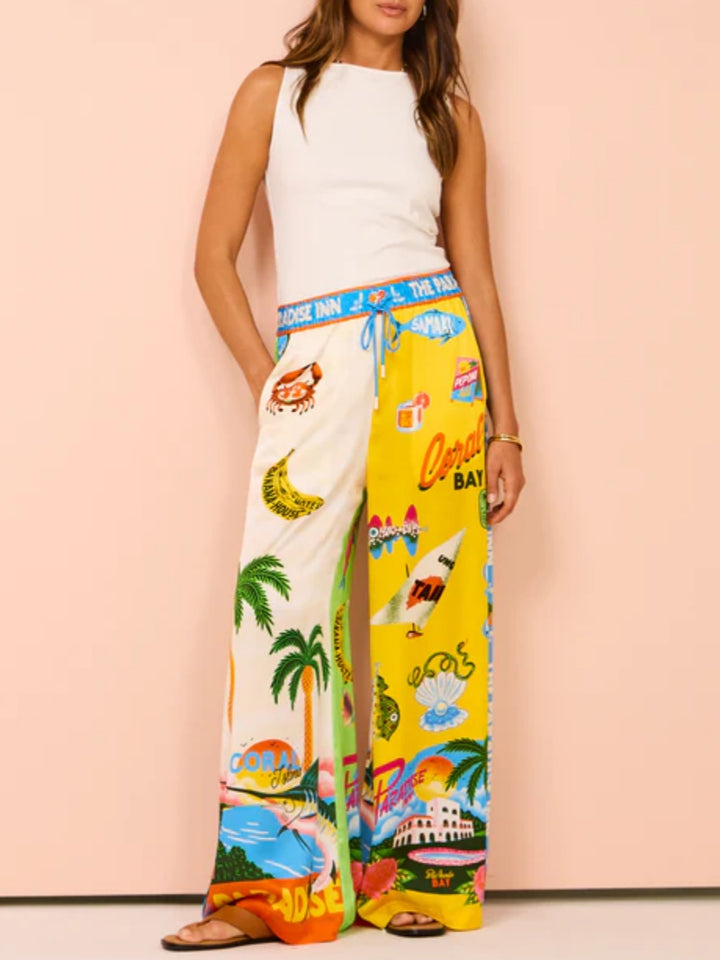 Dwuczęściowy zestaw z nadrukiem w letnim stylu Słonecznego Brzegu – spodnie