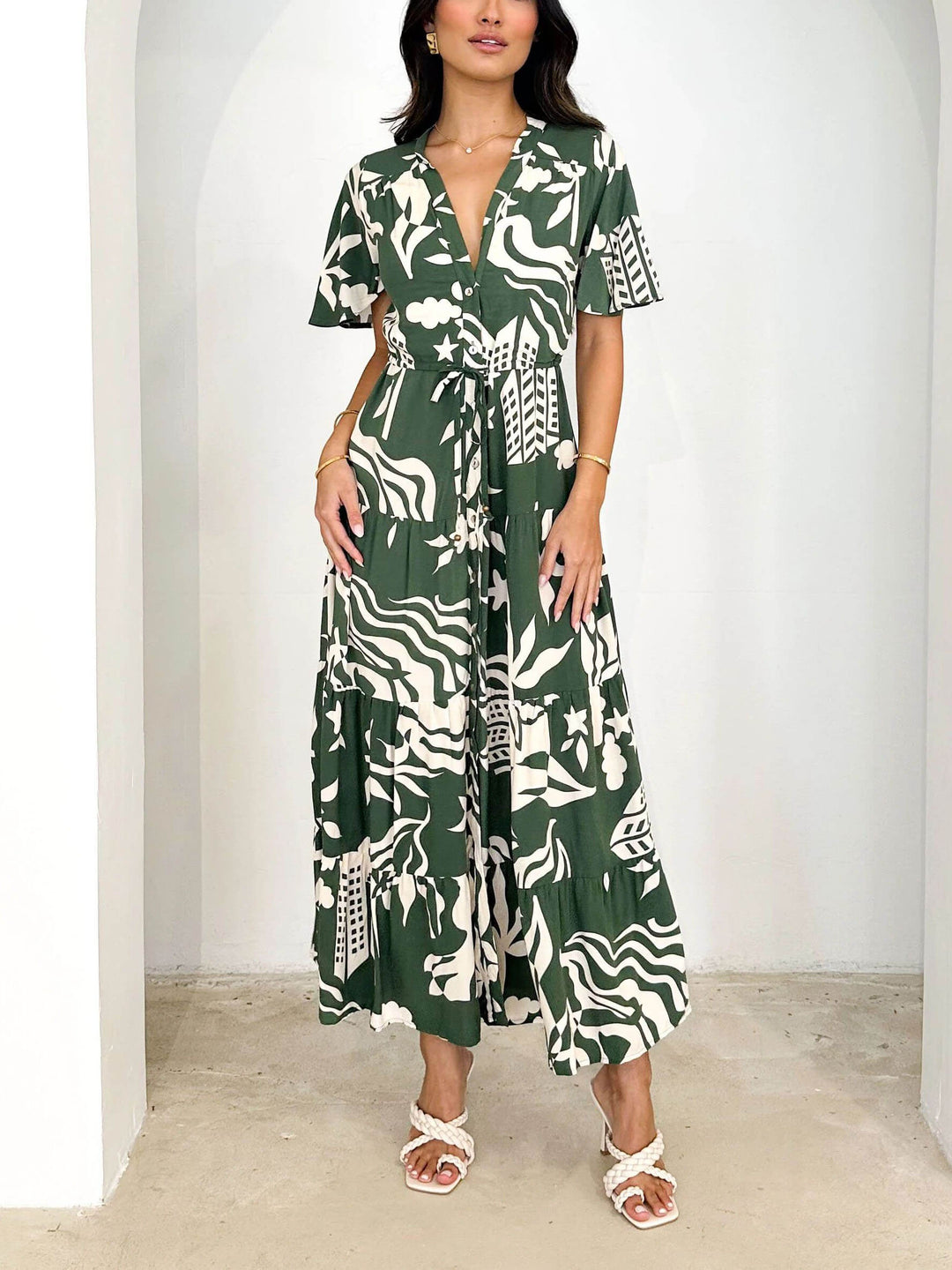 Short Sleeve Resort Print Midi Dress