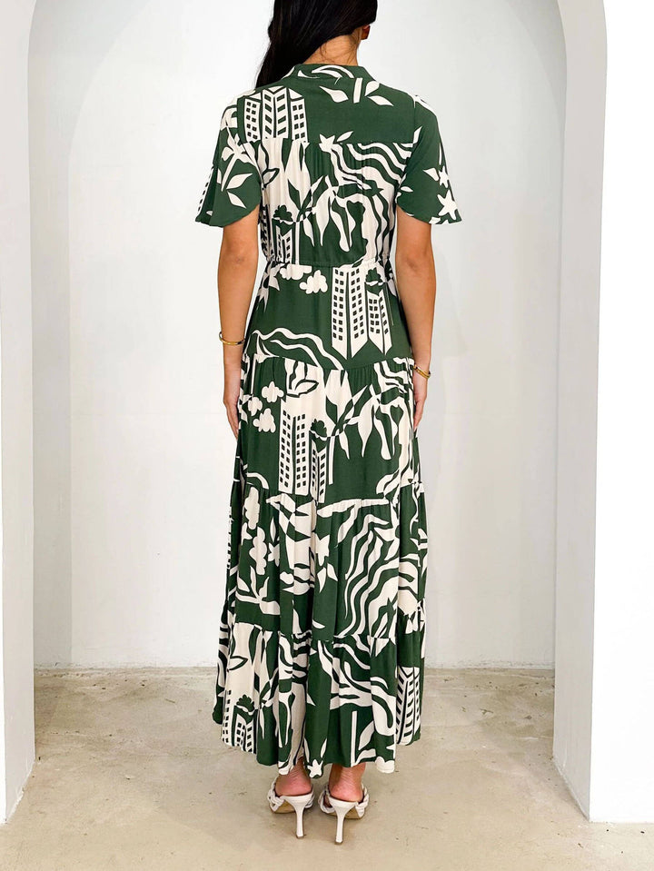 Short Sleeve Resort Print Midi Dress