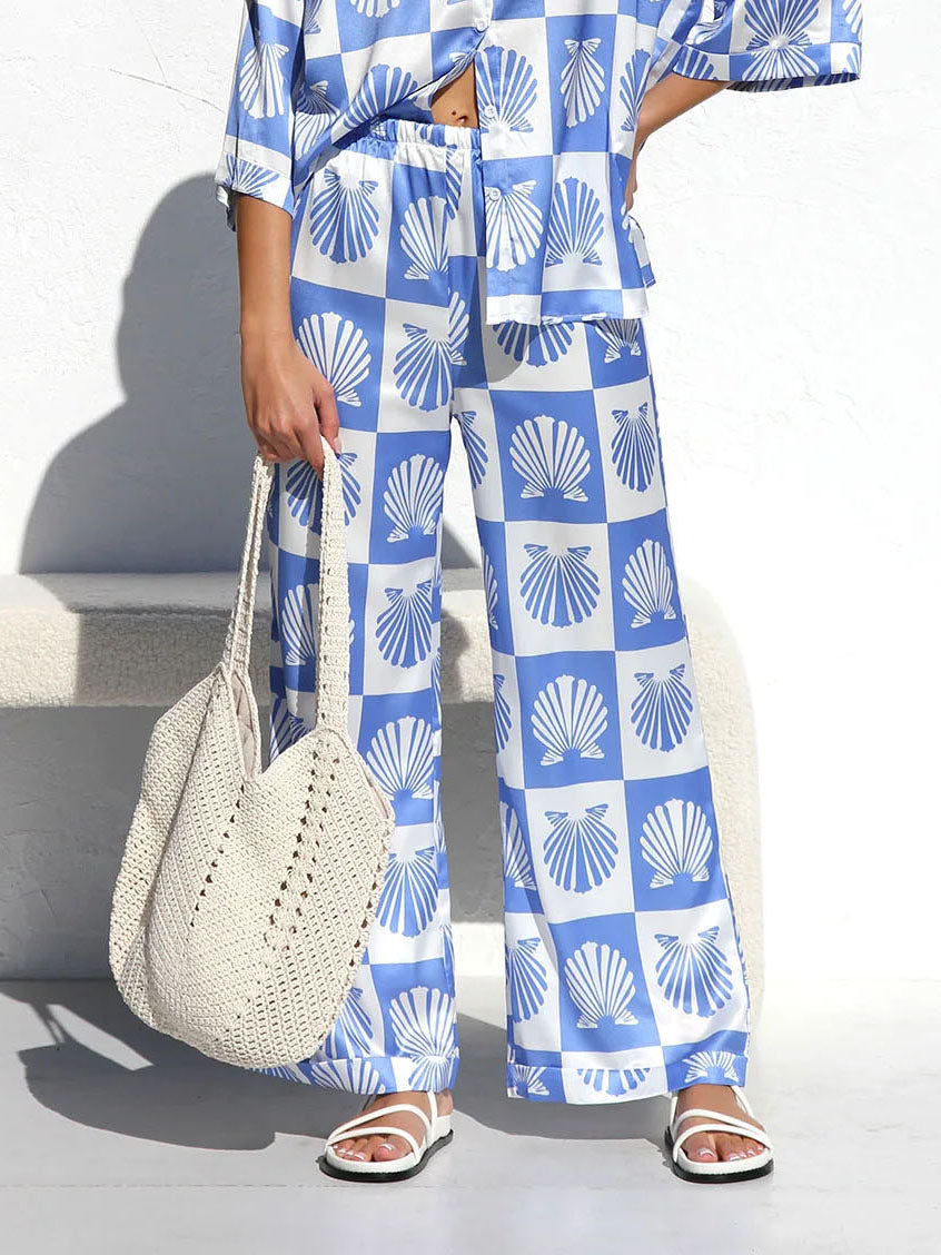 Special Satin Shell Print Wide Leg Pants
