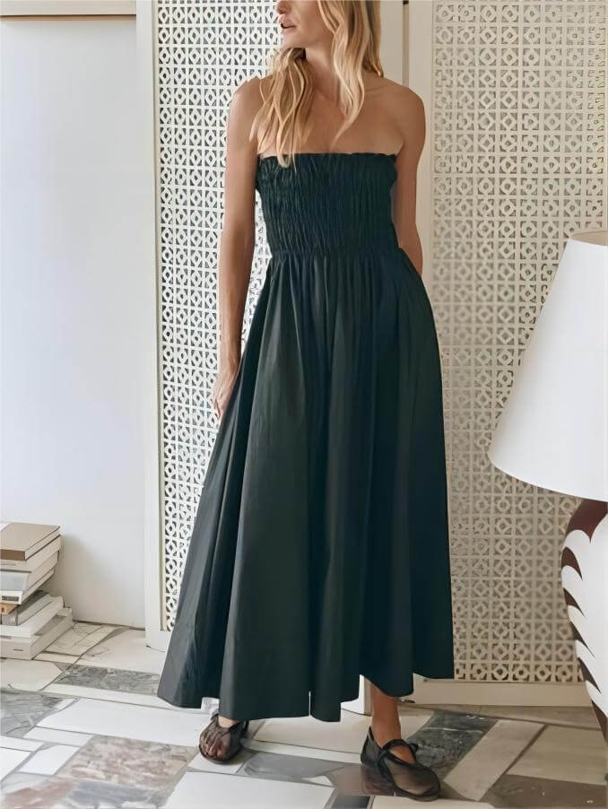 Strapless rugloze elegante midi-jurk
