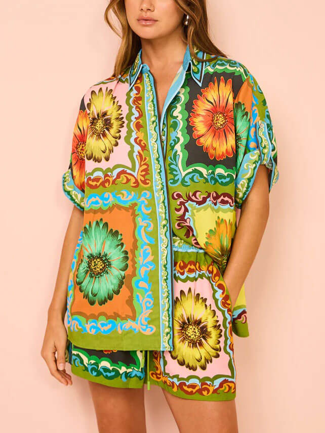 Oversized skjorte med knapper med solsikketrykk