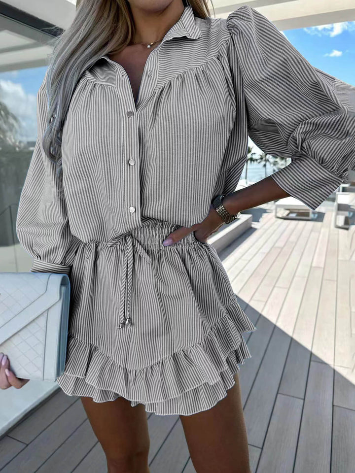 Casual Fashionable Striped Shirt Dress Shorts Two-Piece Set