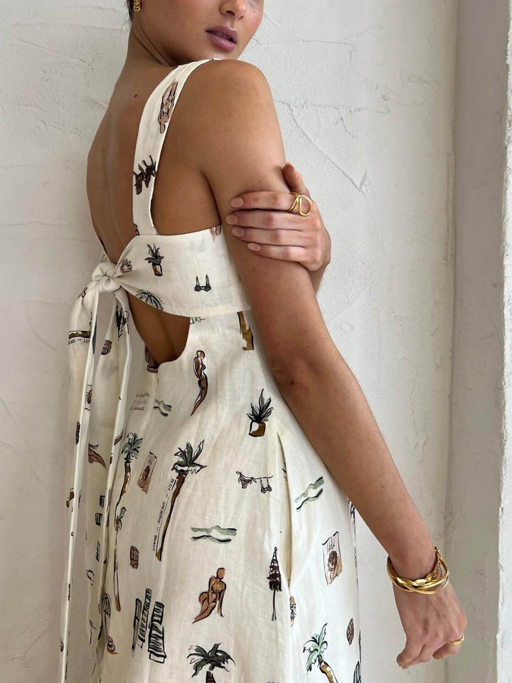 Vestido maxi sem costas sexy com suspensório graffiti personalizado na moda