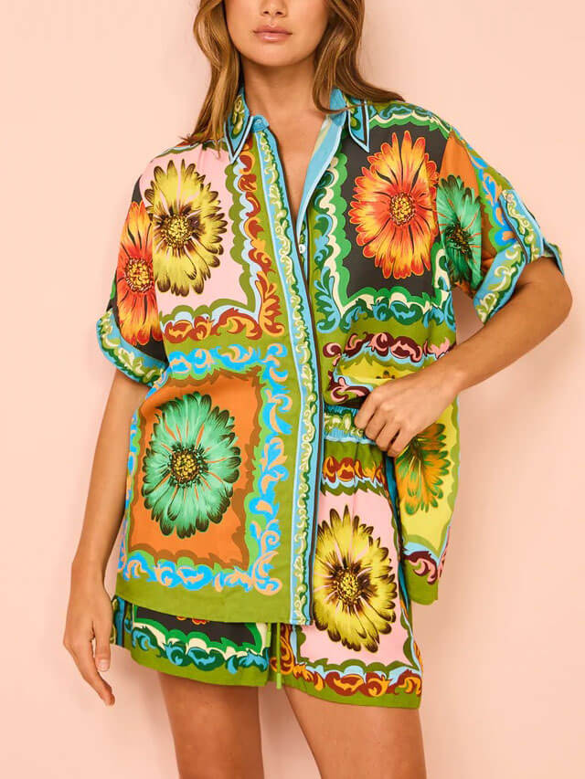 Oversized overhemd met knoopsluiting en zonnebloemprint