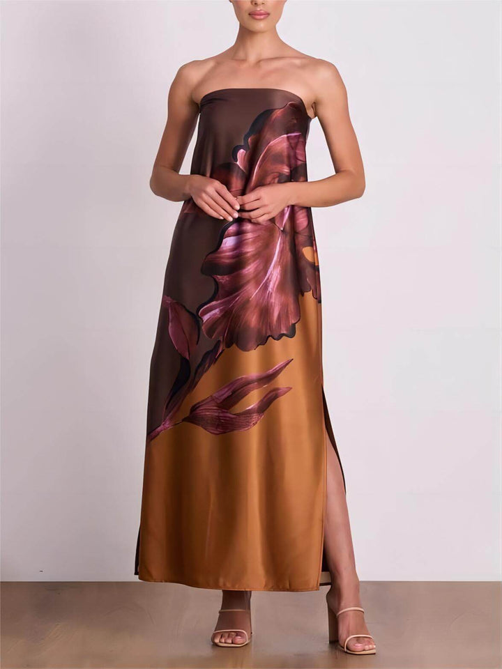 Stylové kontrastní maxi šaty s květinovým potiskem mimo ramena