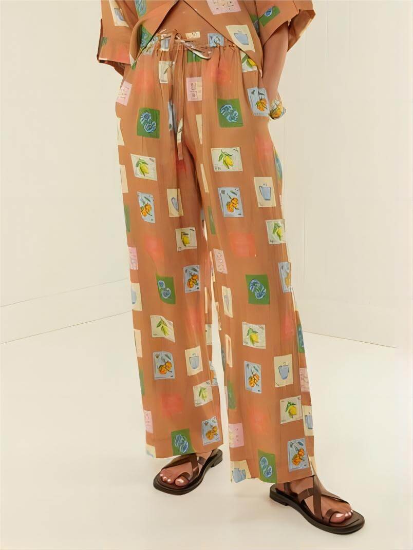 Loose Wide-Leg Trousers With Ethnic Botanical Floral Print