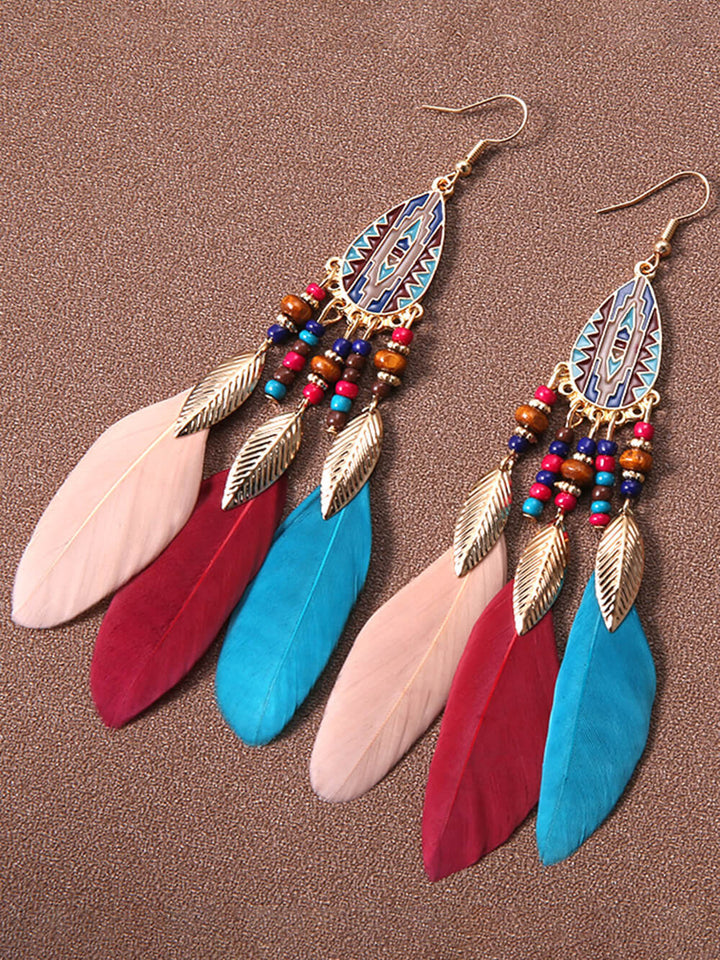 Bohemian Rice Beads Holiday Droplet Tassel Feather Earrings