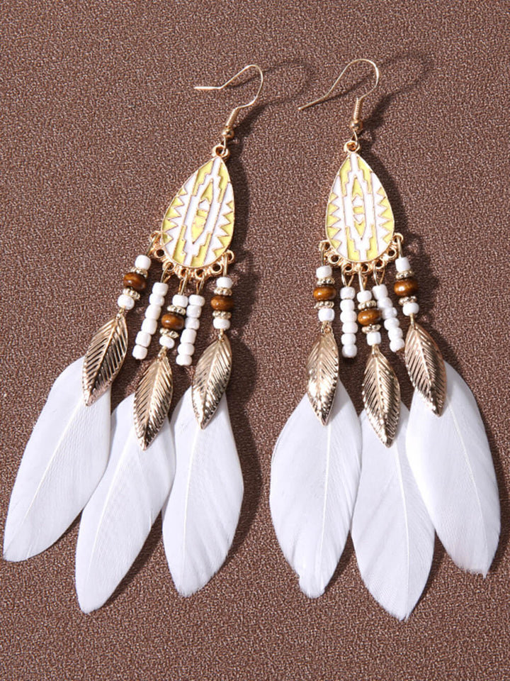 Bohemian Rice Beads Holiday Droplet Tassel Feather Earrings