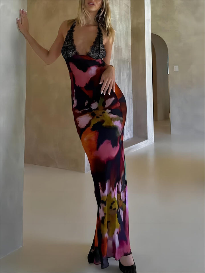 Sexy Deep V Lace Patchwork Printed Auspender Maxi Dress