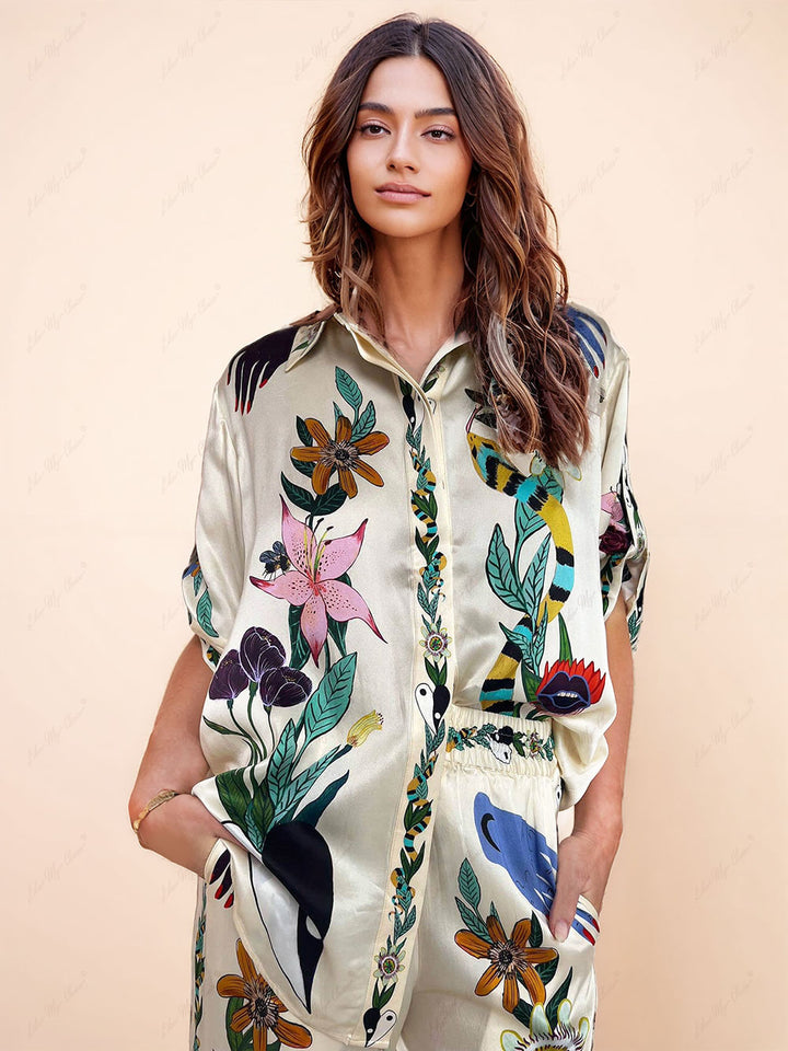 Sophisticated Feel Satin Unique Print Button Down Oversized Blouse