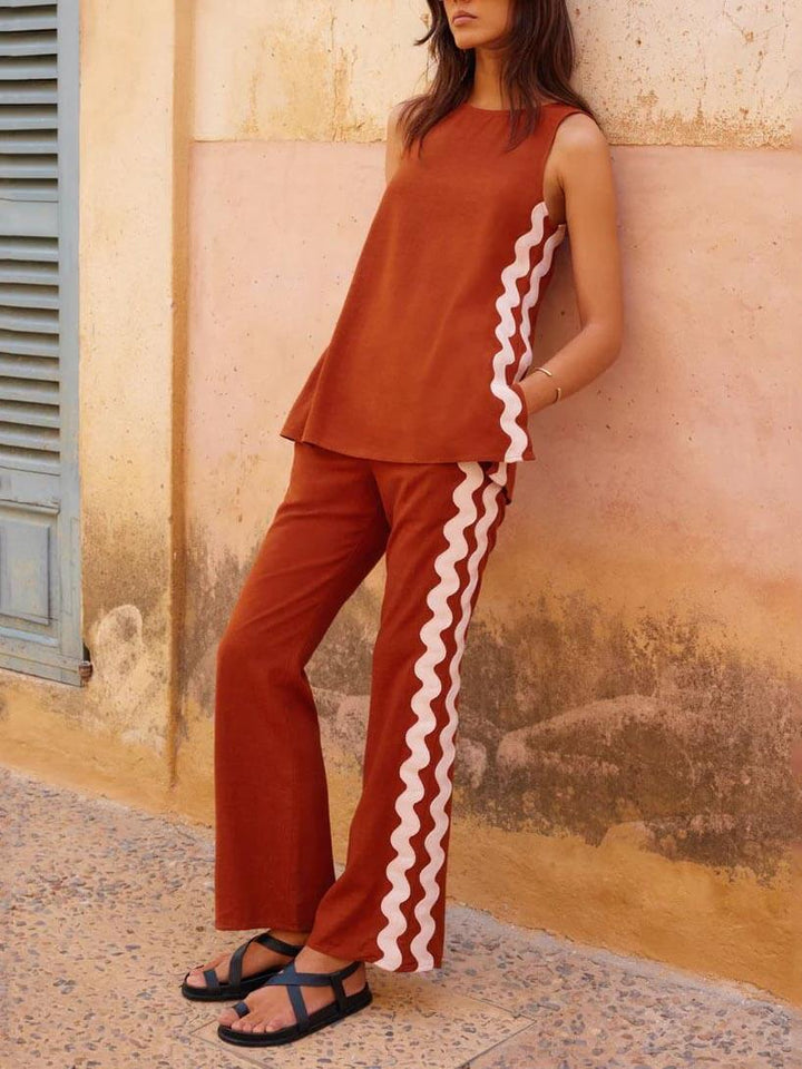 Sleeveless Loose Slit Top And Wide-Leg Pants Two-Piece Set