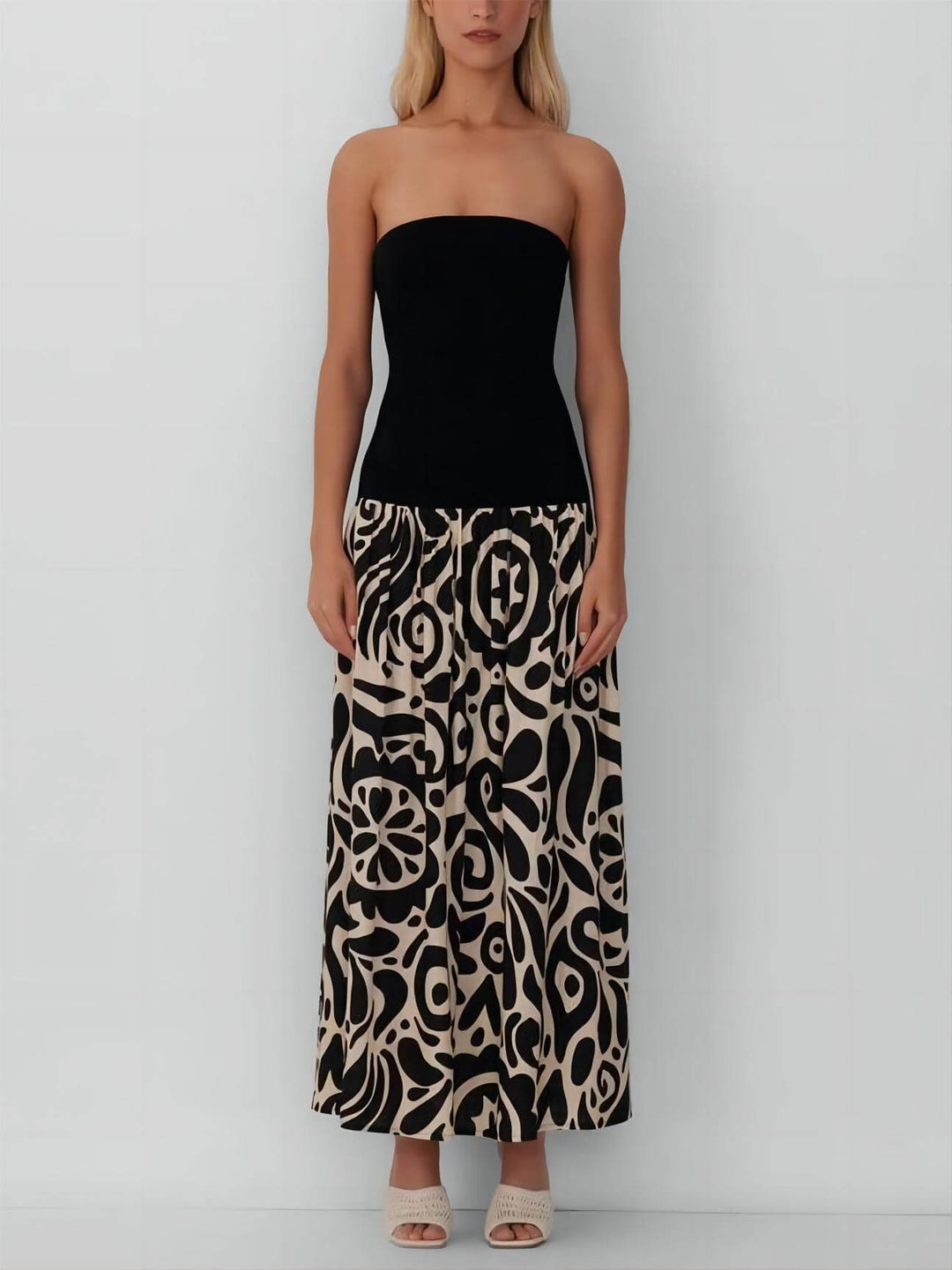 Modna sukienka midi bez ramiączek w kwiatowy print