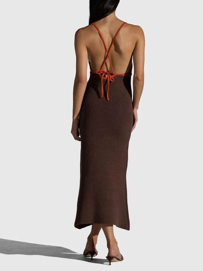 Seksowna sukienka midi z dzianiny, z wiązaniem na szyi, dekoltem w kształcie litery V, bez pleców