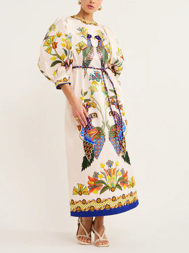절묘하고 재미있는 프린트 퍼프 슬리브 루즈 캐주얼 미디 드레스